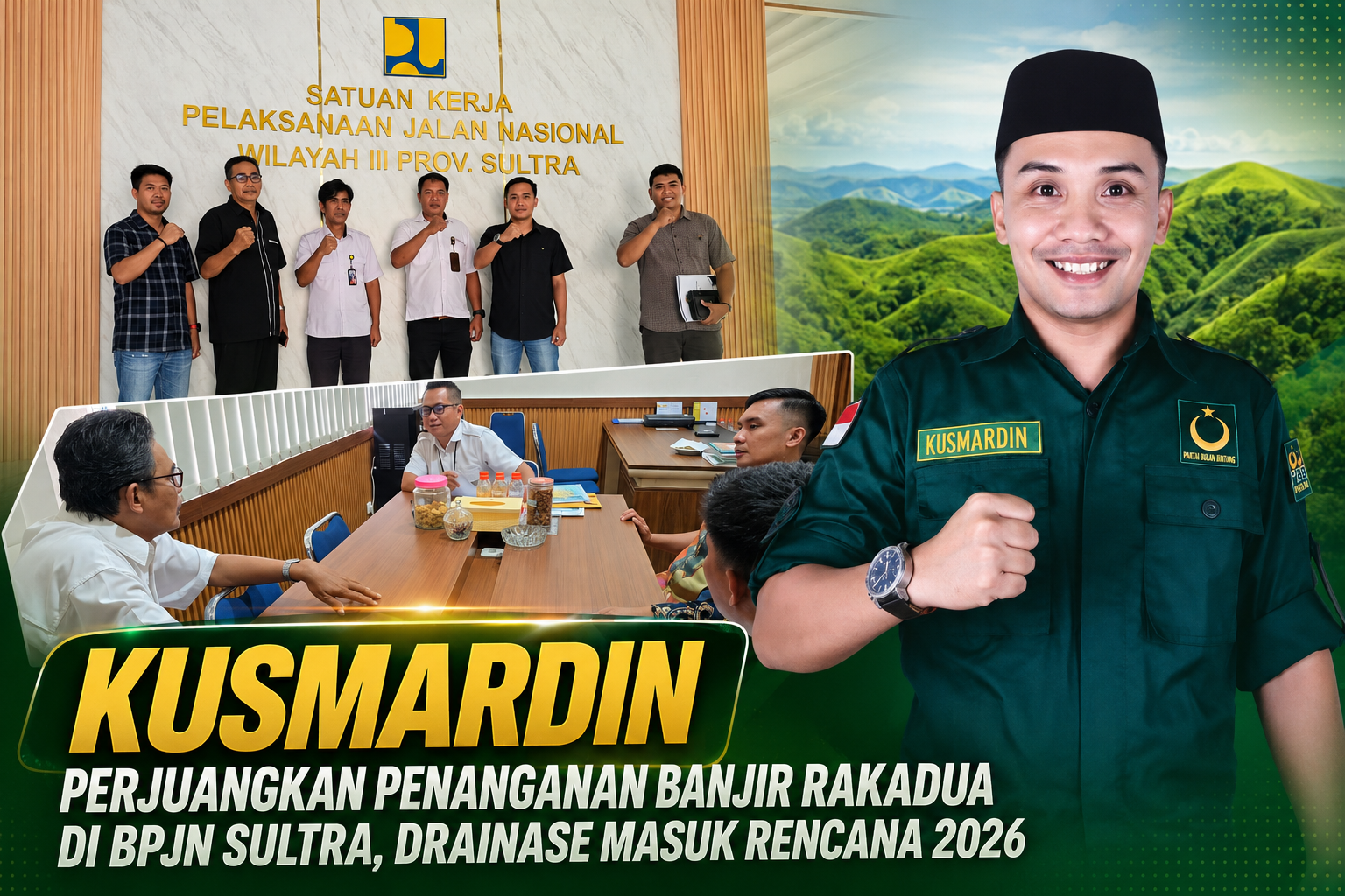 Anggota DPRD Bombana, Kusmardin, SH bersama Ir. H. Johan Salim, SP dan Ahmad Sutejo Eriadi, S.KM melakukan koordinasi dengan Balai Pelaksana Jalan Nasional (BPJN) Sulawesi Tenggara guna memperjuangkan penanganan banjir di Desa Rakadua, Kecamatan Poleang Barat. Pertemuan tersebut membahas solusi jangka panjang berupa pembangunan drainase dan sumur resapan yang direncanakan masuk program tahun 2026 untuk mengurangi risiko banjir yang selama ini dikeluhkan masyarakat.