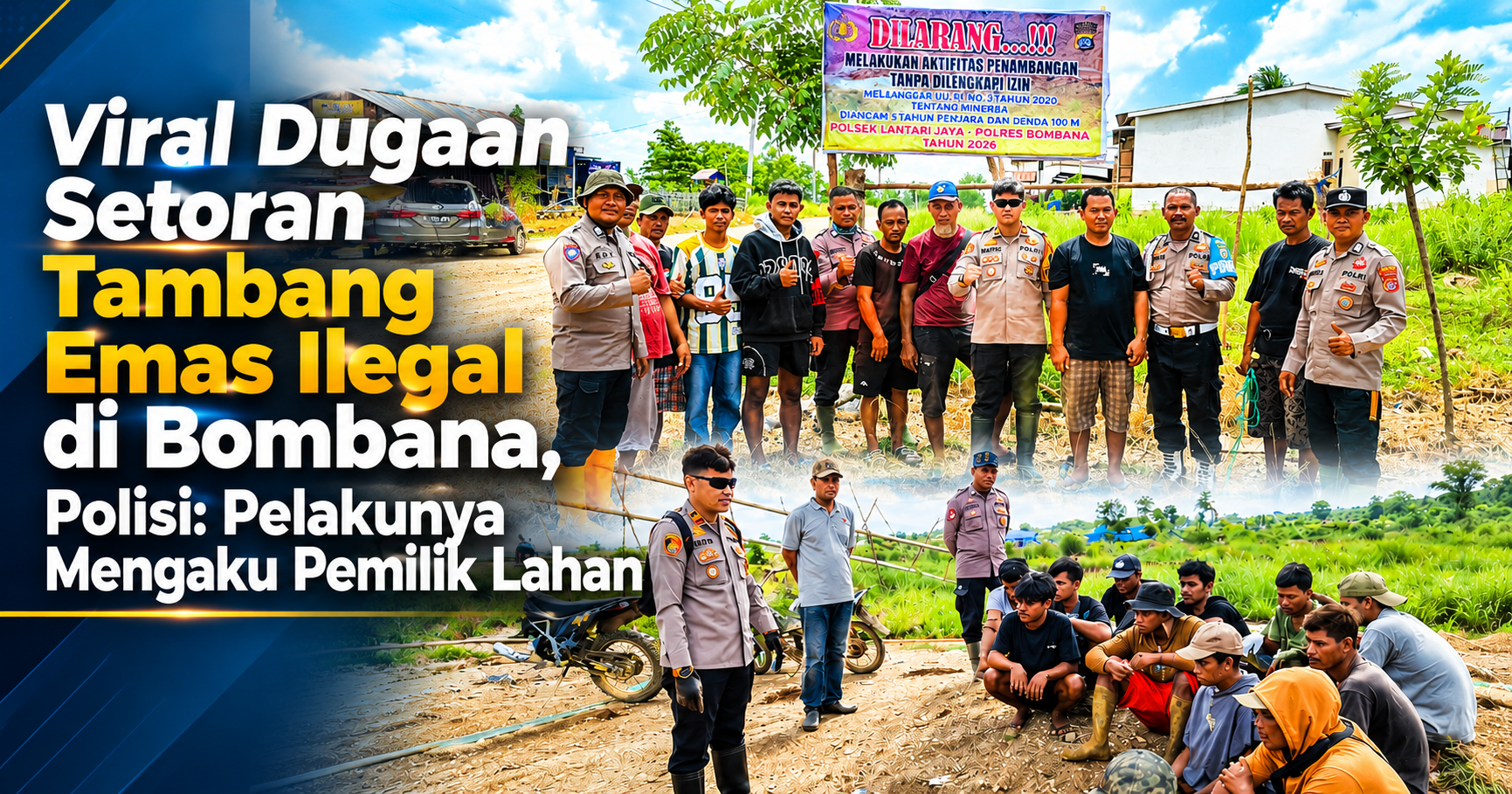 Personel Polres Bombana saat melakukan sosialisasi dan penertiban aktivitas tambang emas ilegal di Desa Wumbubangka, Kecamatan Rarowatu Utara. Polisi menegaskan dugaan pungutan Rp350 ribu per mesin bukan dilakukan anggota kepolisian, melainkan oleh pihak yang mengaku sebagai pemilik lahan.