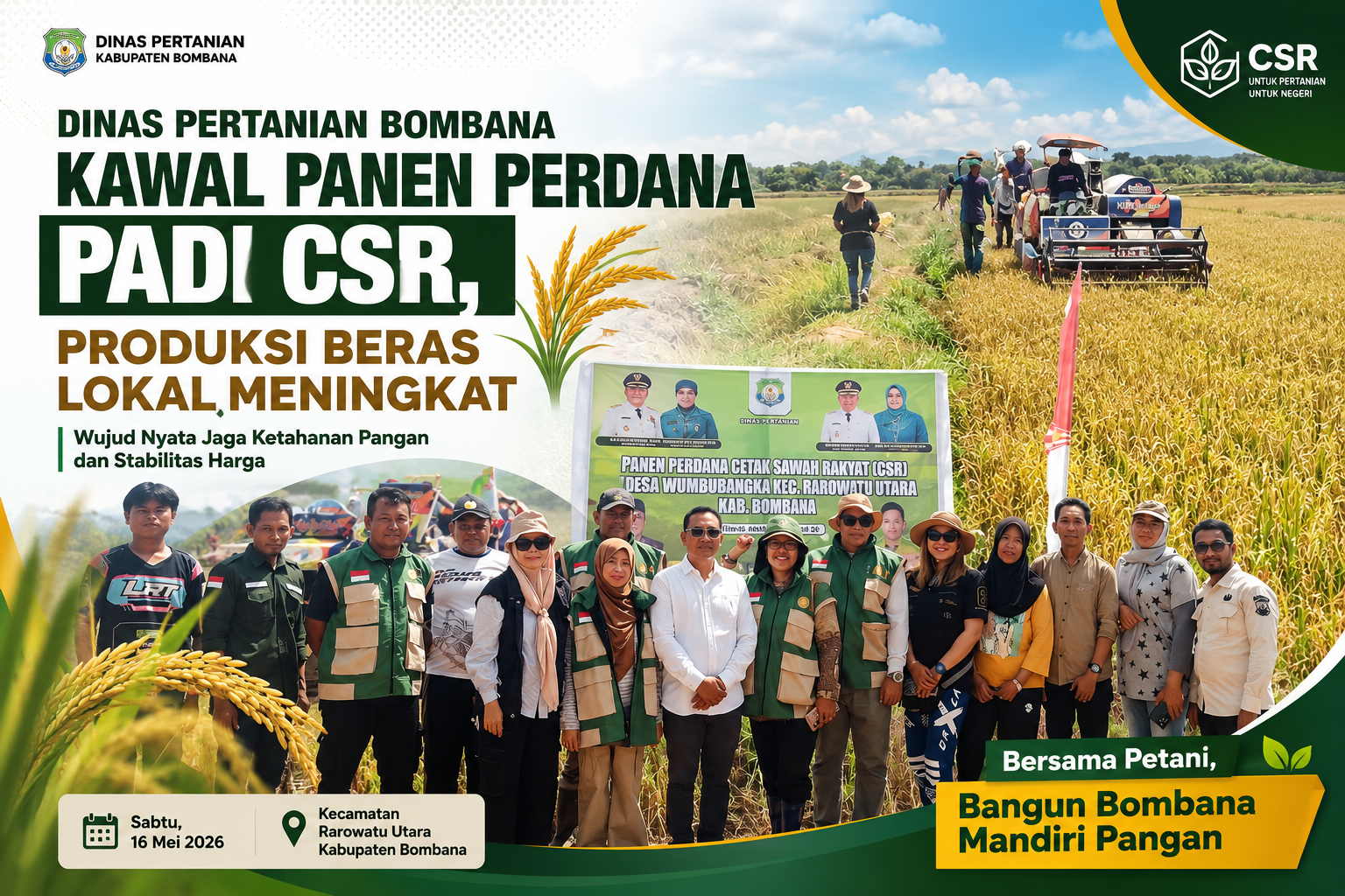 Dinas Pertanian Bombana mengawal pelaksanaan panen perdana padi sawah program CSR di Rarowatu Utara sebagai langkah nyata mendukung ketahanan pangan serta menjaga ketersediaan beras bagi masyarakat.