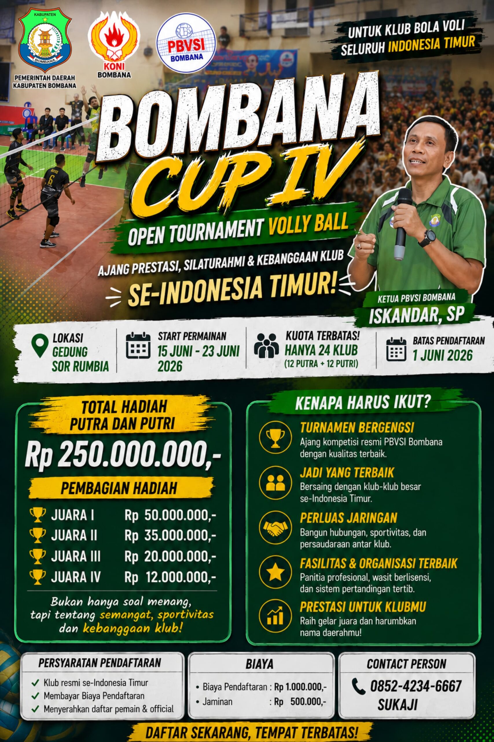 PBVSI Kabupaten Bombana resmi menyesuaikan skema Open Tournament Bola Voli menjadi kompetisi klub profesional tingkat Se-Sulawesi Tenggara. Langkah ini diambil untuk memastikan turnamen tetap kompetitif, berkualitas, dan mendukung pembinaan atlet daerah.
