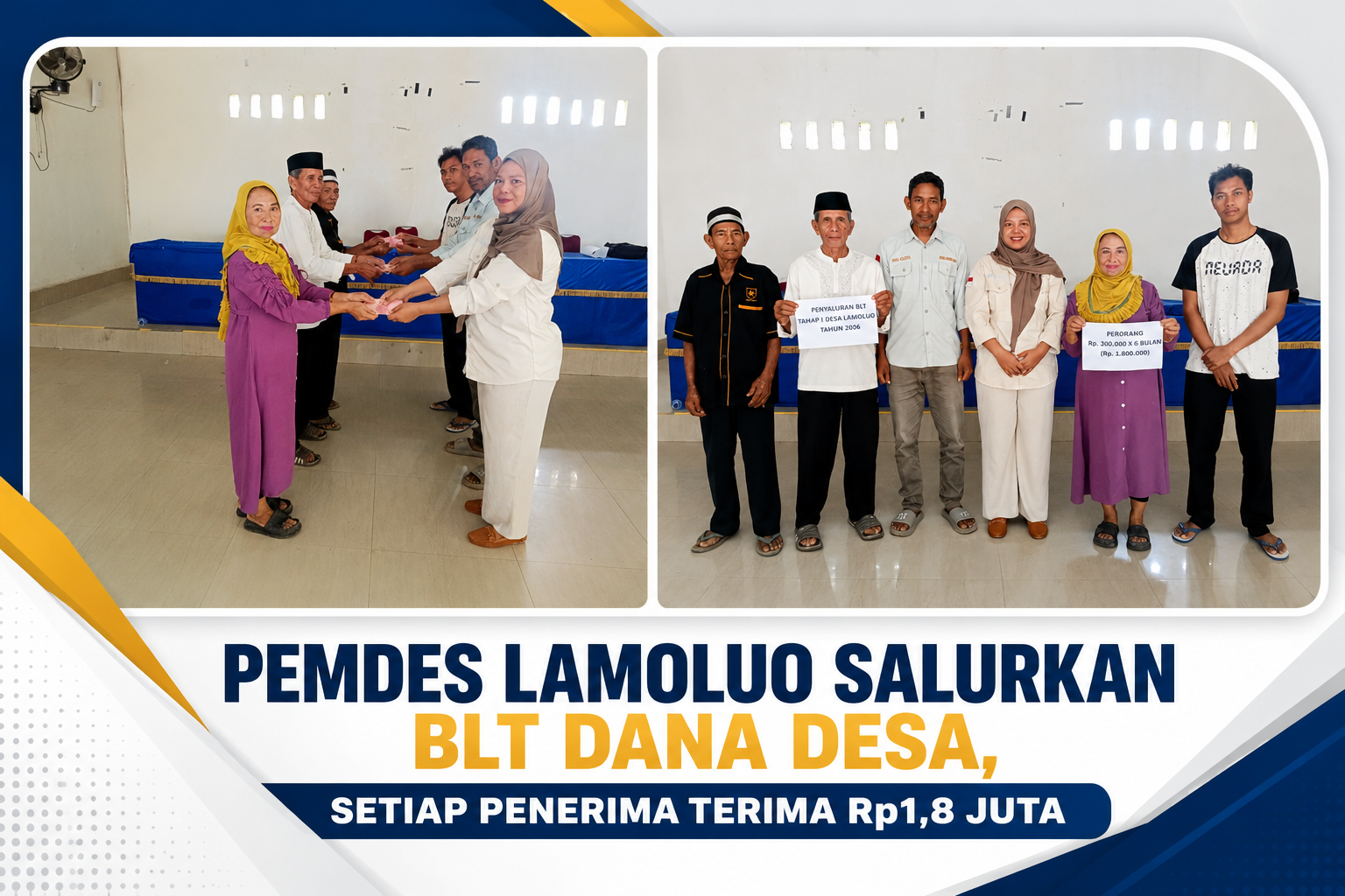 Pemerintah Desa Lamoluo, Kecamatan Wawonii Barat, Kabupaten Konawe Kepulauan, menyalurkan Bantuan Langsung Tunai Dana Desa (BLT-DD) Tahun Anggaran 2026 kepada warga lanjut usia yang masuk dalam kategori Keluarga Penerima Manfaat (KPM). Sebanyak 23 penerima menerima bantuan sebesar Rp1,8 juta untuk alokasi enam bulan guna membantu memenuhi kebutuhan dasar sehari-hari. (Foto: Istimewa)