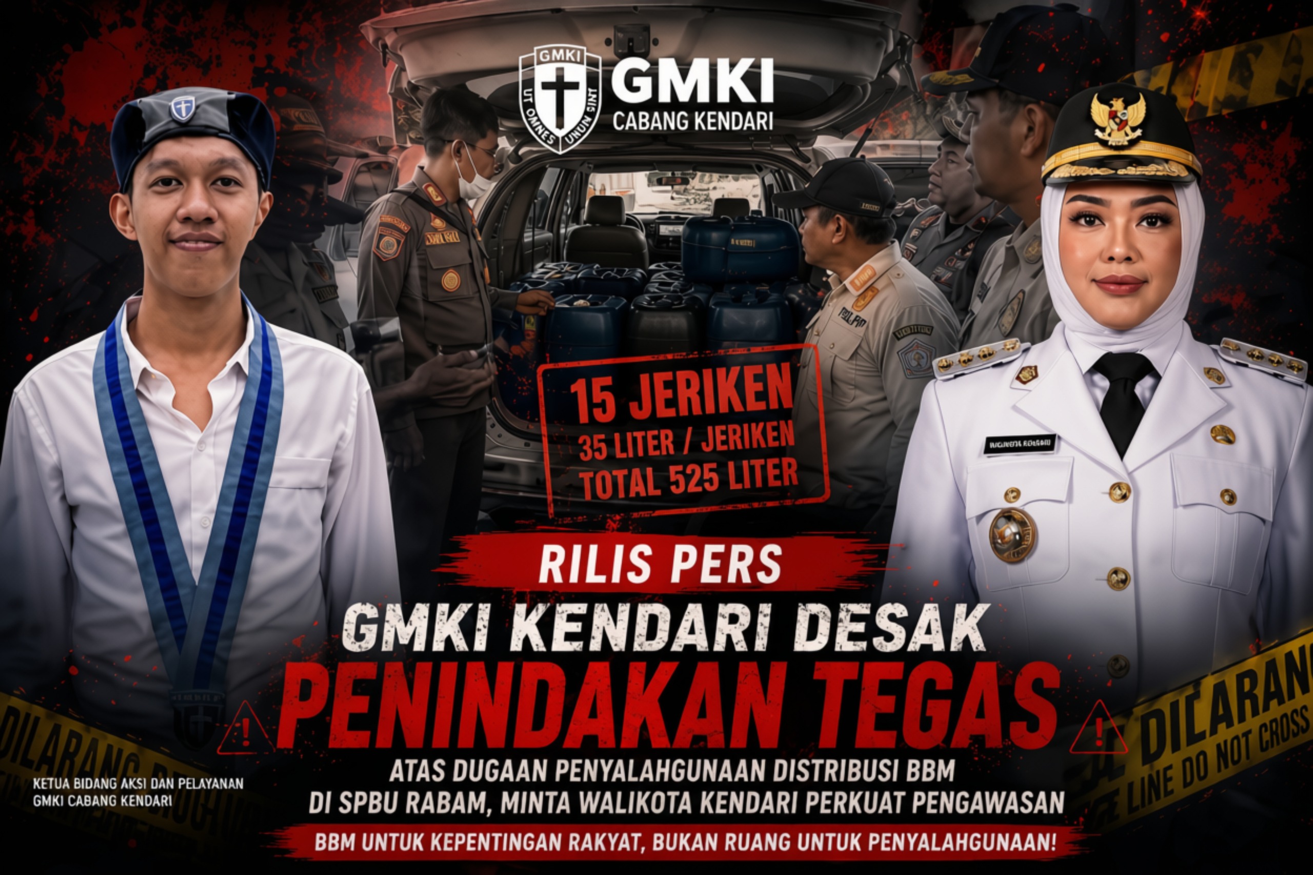 GMKI Kendari mendesak Wali Kota Kendari memperketat pengawasan distribusi BBM dan meminta pemeriksaan menyeluruh atas temuan 15 jeriken yang dikaitkan dengan SPBU Rabam.